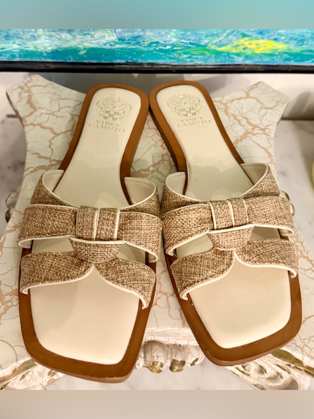Vince Camuto Natural Beige Woven Slide Mules